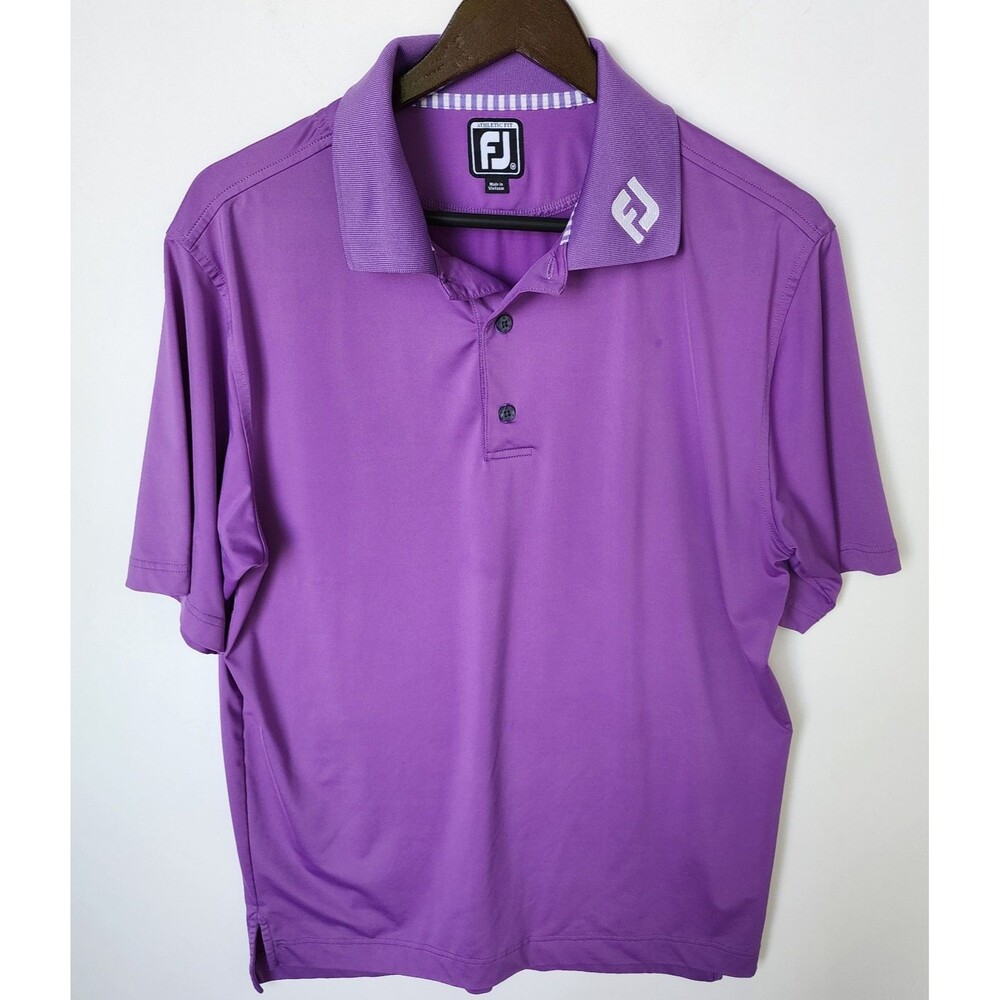 FJ Footjoy Logo On Collar Med Performance Golf Polo Purple Athletic Fit Wicking